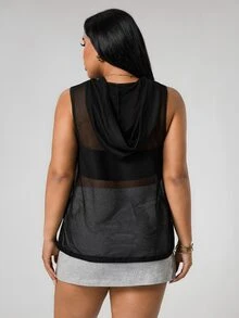 Rhythm Era Plus Size Hollow Out Mesh Hooded Sports Tank Top Y2k Glowmode Gym Active Black Summer - Black - View 2