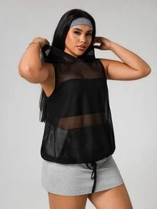 Rhythm Era Plus Size Hollow Out Mesh Hooded Sports Tank Top Y2k Glowmode Gym Active Black Summer - Black - View 8