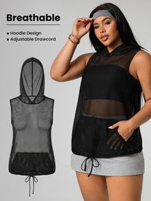 Rhythm Era Plus Size Hollow Out Mesh Hooded Sports Tank Top Y2k Glowmode Gym Active Black Summer - Black - View 9
