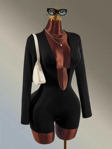 Amplova Women's Solid Color Deep V-Neck Long Sleeve Athletic Sporty Romper Sexy Design Gym Going Out Party Fitness Fashion Black Casual Autumn - Black - View 4