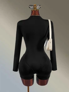Amplova Women's Solid Color Deep V-Neck Long Sleeve Athletic Sporty Romper Sexy Design Gym Going Out Party Fitness Fashion Black Casual Autumn - Black - View 2