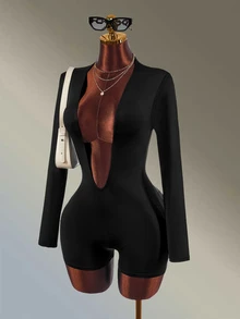 Amplova Women's Solid Color Deep V-Neck Long Sleeve Athletic Sporty Romper Sexy Design Gym Going Out Party Fitness Fashion Black Casual Autumn - Black - View 3