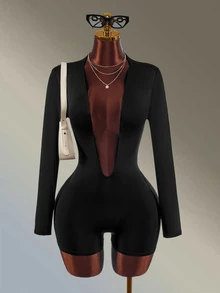 Amplova Women's Solid Color Deep V-Neck Long Sleeve Athletic Sporty Romper Sexy Design Gym Going Out Party Fitness Fashion Black Casual Autumn - Black - View 11