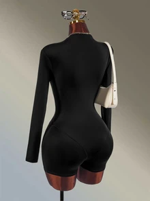 Amplova Women's Solid Color Deep V-Neck Long Sleeve Athletic Sporty Romper Sexy Design Gym Going Out Party Fitness Fashion Black Casual Autumn - Black - View 5