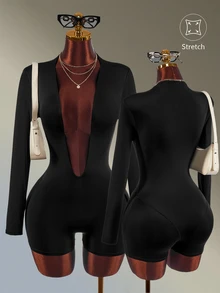 Amplova Women's Solid Color Deep V-Neck Long Sleeve Athletic Sporty Romper Sexy Design Gym Going Out Party Fitness Fashion Black Casual Autumn - Black - View 1