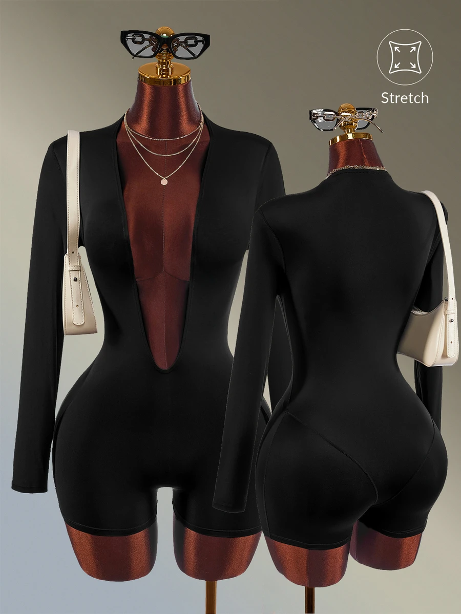 Amplova Women's Solid Color Deep V-Neck Long Sleeve Athletic Sporty Romper Sexy Design Gym Going Out Party Fitness Fashion Black Casual Autumn - Black - View 1
