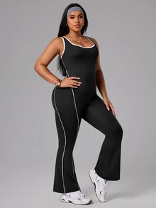 SHEIN Rhythm Era Plus Size Contrast Trim Sleeveless Jumpsuit - Black - View 5