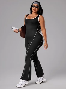 SHEIN Rhythm Era Plus Size Contrast Trim Sleeveless Jumpsuit - Black - View 8