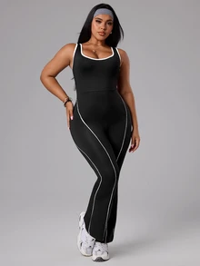 SHEIN Rhythm Era Plus Size Contrast Trim Sleeveless Jumpsuit - Black - View 4