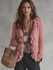 Glimmora Women's Sweet Fashion Ruffle Pocket Long Sleeve Knit Cardigan - Pink - View 5