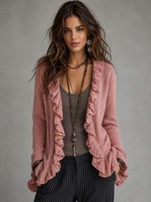 Glimmora Women's Sweet Fashion Ruffle Pocket Long Sleeve Knit Cardigan - Pink - View 1