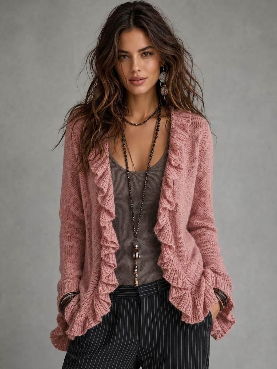 Glimmora Women's Sweet Fashion Ruffle Pocket Long Sleeve Knit Cardigan - Pink - View 1
