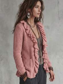 Glimmora Women's Sweet Fashion Ruffle Pocket Long Sleeve Knit Cardigan - Pink - View 4