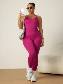SHEIN Rhythm Era Women's Plus Size Backless Halter Neck Fitted Sports Jumpsuit - Violet Purple - View 7