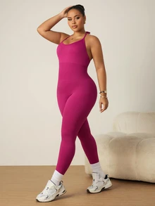 SHEIN Rhythm Era Women's Plus Size Backless Halter Neck Fitted Sports Jumpsuit - Violet Purple - View 5