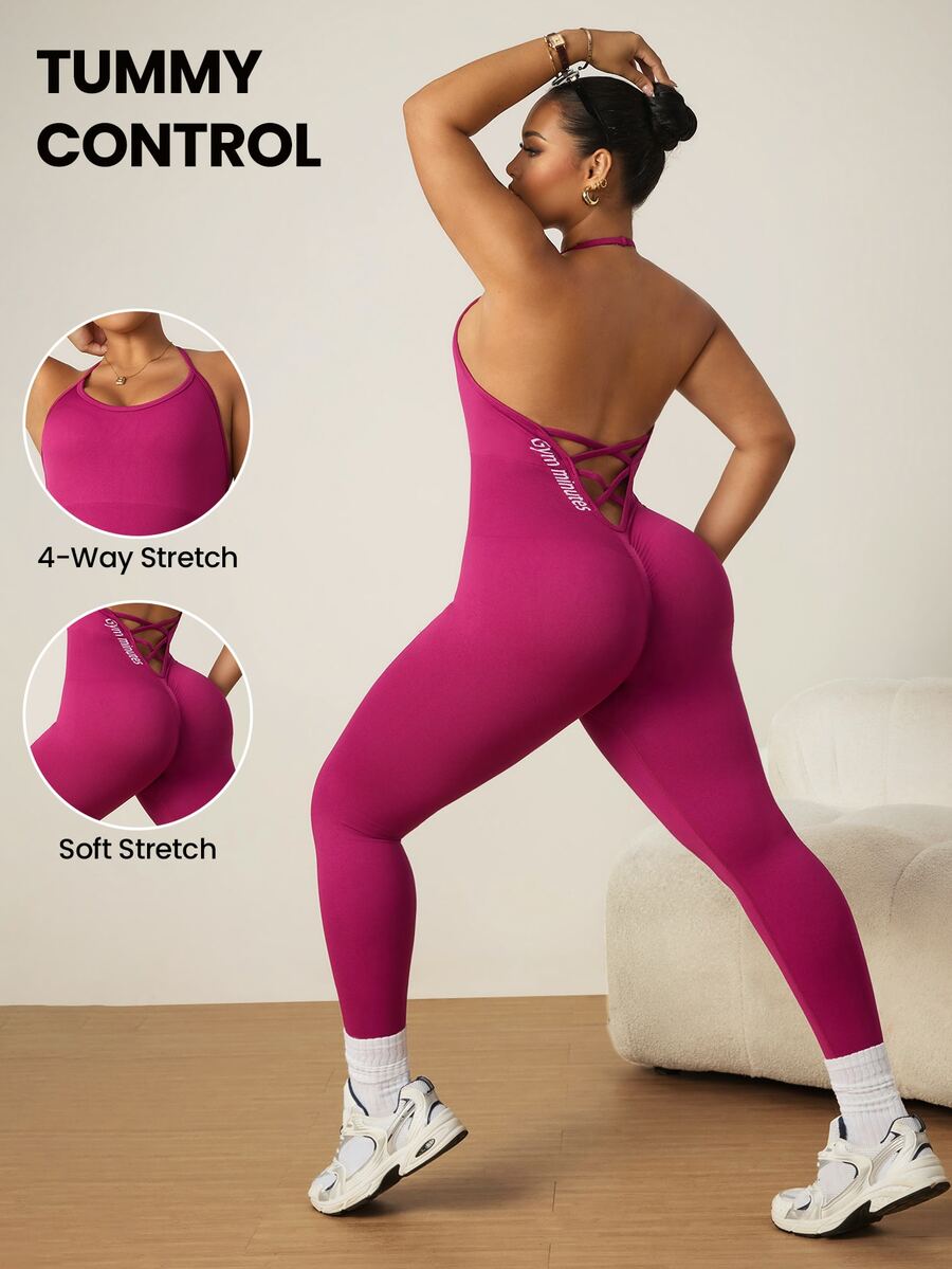 SHEIN Rhythm Era Women's Plus Size Backless Halter Neck Fitted Sports Jumpsuit - Violet Purple - View 1