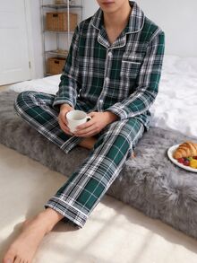 SHEIN 男童學院風復古格紋長袖開襟衫與長褲兩件套，休閒舒適居家服 - 彩色 - 查看 4