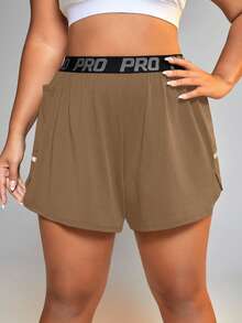 SHEIN Rhythm Era Women's Letter Waistband Pocket Double Layer Sports Shorts - Khaki - View 3