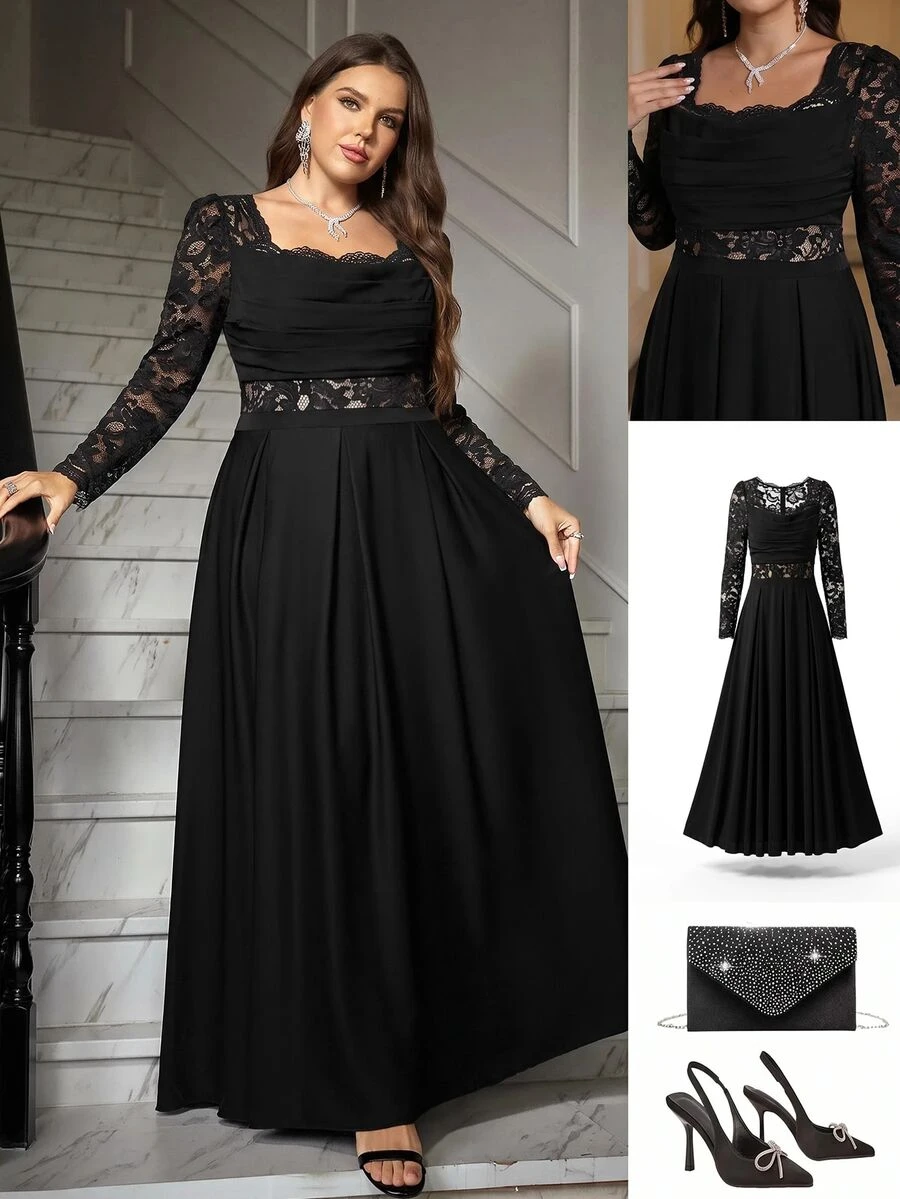 Reflora Plus Size Women's Lace Patchwork Pleated Fashion Party Formal Wedding Guest Dress Autumn Black Casual Elegant - Apricot - View 1