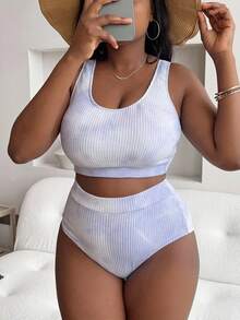 Slaydiva 2pcs Plus Size Women Tie Dye Print Separate Style Fashion Casual Vacation Swimwear For Summer - Mauve Purple - View 1