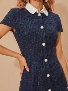 Enchnt Premium Pre-Fall Romantic Women's Elegant Navy Blue Color-Block Tweed Mini Dress,Casual Dress,Festival Outfits,New Year Outfits,Work Wear Women - Navy Blue - View 2