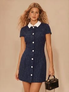 Enchnt Premium Pre-Fall Romantic Women's Elegant Navy Blue Color-Block Tweed Mini Dress,Casual Dress,Festival Outfits,New Year Outfits,Work Wear Women - Navy Blue - View 6