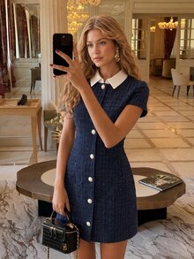 Enchnt Premium Pre-Fall Romantic Women's Elegant Navy Blue Color-Block Tweed Mini Dress,Casual Dress,Festival Outfits,New Year Outfits,Work Wear Women - Navy Blue - View 1