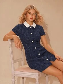 Enchnt Premium Pre-Fall Romantic Women's Elegant Navy Blue Color-Block Tweed Mini Dress,Casual Dress,Festival Outfits,New Year Outfits,Work Wear Women - Navy Blue - View 5