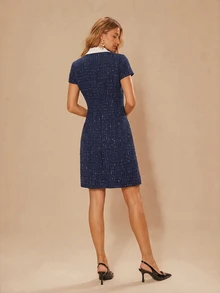 Enchnt Premium Pre-Fall Romantic Women's Elegant Navy Blue Color-Block Tweed Mini Dress,Casual Dress,Festival Outfits,New Year Outfits,Work Wear Women - Navy Blue - View 7