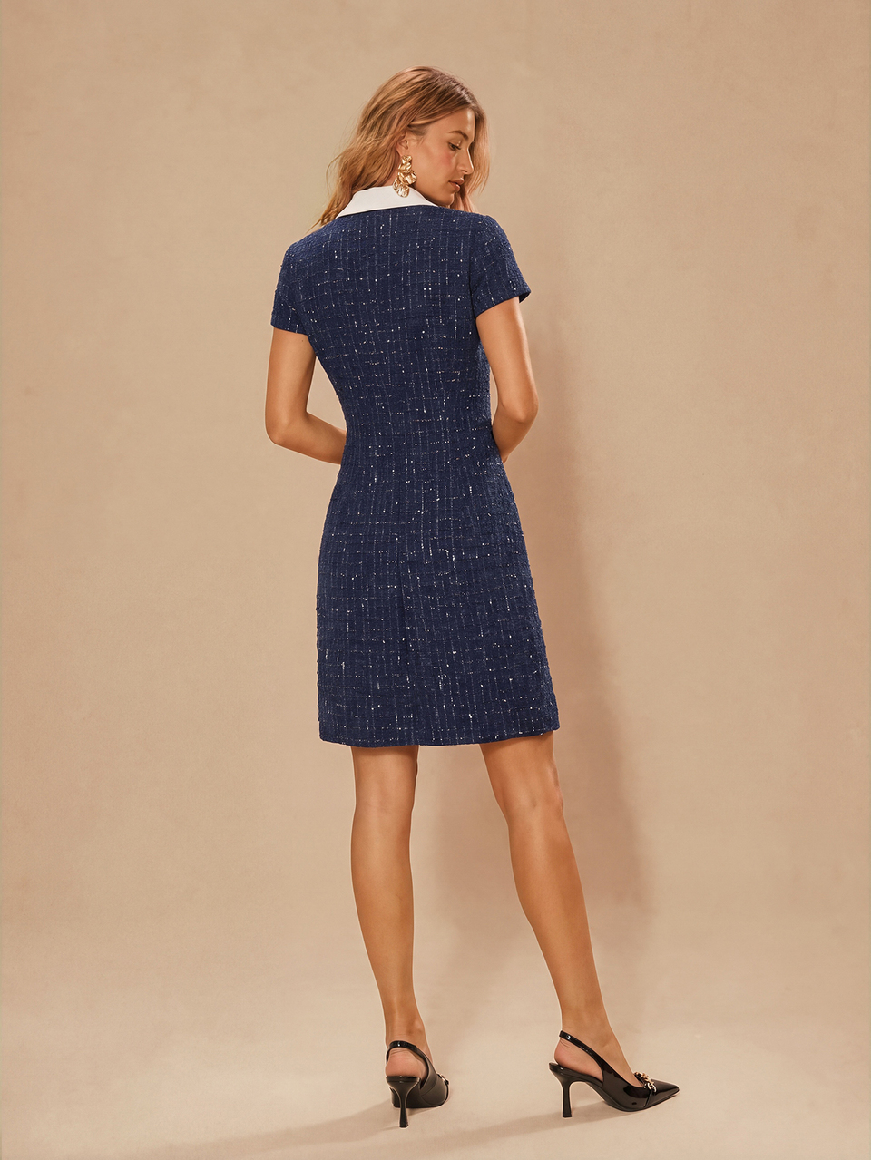 Enchnt Premium Pre-Fall Romantic Women's Elegant Navy Blue Color-Block Tweed Mini Dress,Casual Dress,Festival Outfits,New Year Outfits,Work Wear Women
