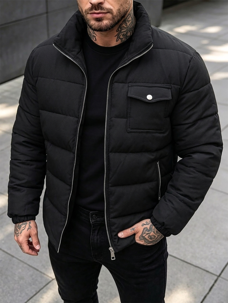 Manfinity CasualCool Men's Black Winter Street Zip-Up Padded Jacket, Casual Vintage-Style Padded Coat - Black - View 7