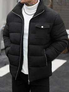 Manfinity CasualCool 男士黑色冬季街頭拉鍊連帽填充夾克，休閒復古風填充外套 - 黑色 - 查看 5