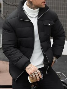Manfinity CasualCool 男士黑色冬季街頭拉鍊連帽填充夾克，休閒復古風填充外套 - 黑色 - 查看 4