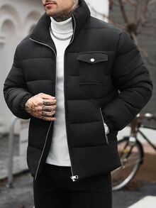 Manfinity CasualCool 男士黑色冬季街頭拉鍊連帽填充夾克，休閒復古風填充外套 - 黑色 - 查看 6