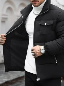 Manfinity CasualCool 男士黑色冬季街頭拉鍊連帽填充夾克，休閒復古風填充外套 - 黑色 - 查看 8