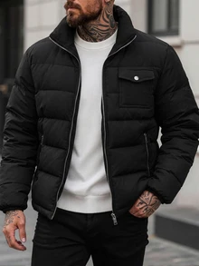 Manfinity CasualCool 男士黑色冬季街頭拉鍊連帽填充夾克，休閒復古風填充外套 - 黑色 - 查看 1