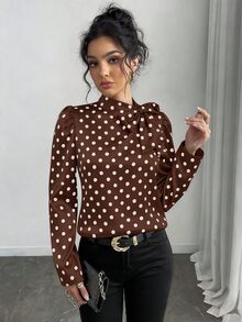 Rafferiza 女款圓點印花優雅百搭綁帶領泡泡長袖襯衫 - 棕色 - 查看 4