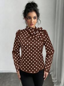 Rafferiza 女款圓點印花優雅百搭綁帶領泡泡長袖襯衫 - 棕色 - 查看 8