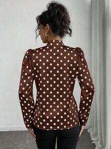 Rafferiza 女款圓點印花優雅百搭綁帶領泡泡長袖襯衫 - 棕色 - 查看 2