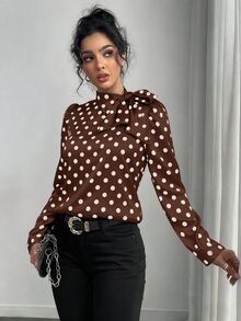 Rafferiza 女款圓點印花優雅百搭綁帶領泡泡長袖襯衫 - 棕色 - 查看 5