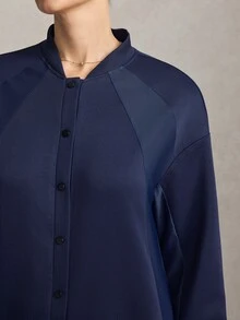 Activina Women'sModest Retro Dark Blue Vintage Style, Button-Down Sporty Extra-Long Casual Open-Front Jacket, Soft And Skin-Friendly. - Navy Blue - View 5