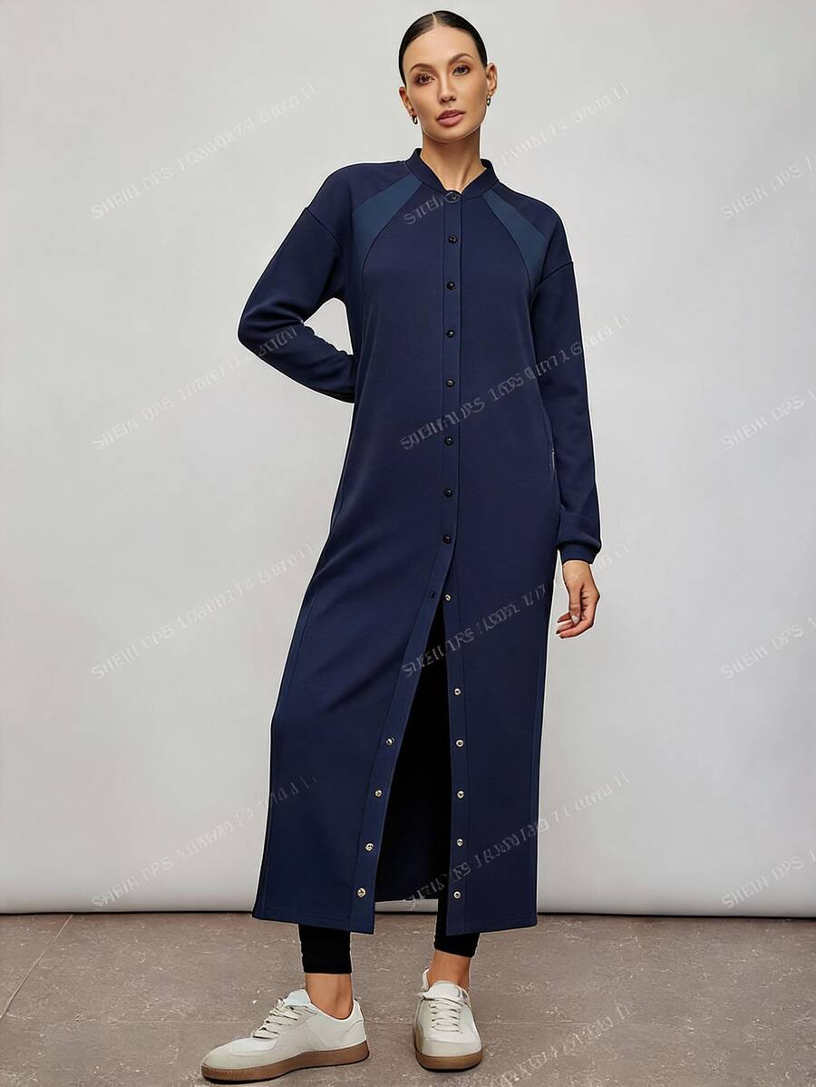 Activina Women'sModest Retro Dark Blue Vintage Style, Button-Down Sporty Extra-Long Casual Open-Front Jacket, Soft And Skin-Friendly. - Navy Blue - View 1