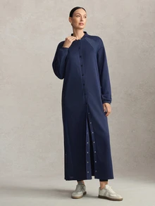 Activina Women'sModest Retro Dark Blue Vintage Style, Button-Down Sporty Extra-Long Casual Open-Front Jacket, Soft And Skin-Friendly. - Navy Blue - View 4