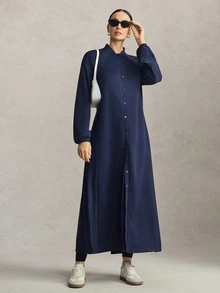 Activina Women'sModest Retro Dark Blue Vintage Style, Button-Down Sporty Extra-Long Casual Open-Front Jacket, Soft And Skin-Friendly. - Navy Blue - View 3