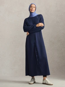 Activina Women'sModest Retro Dark Blue Vintage Style, Button-Down Sporty Extra-Long Casual Open-Front Jacket, Soft And Skin-Friendly. - Navy Blue - View 6