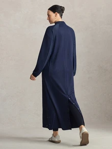 Activina Women'sModest Retro Dark Blue Vintage Style, Button-Down Sporty Extra-Long Casual Open-Front Jacket, Soft And Skin-Friendly. - Navy Blue - View 2
