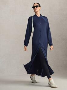 Activina Women'sModest Retro Dark Blue Vintage Style, Button-Down Sporty Extra-Long Casual Open-Front Jacket, Soft And Skin-Friendly. - Navy Blue - View 7