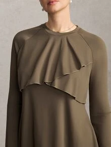Activina Women's Modest Round Neck A-Line Loose Long T-Shirt + Fitted Cropped Pants Set, Middle Eastern Style, Autumn Sports - Olive Green - View 4