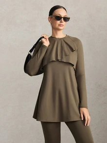 Activina Women's Modest Round Neck A-Line Loose Long T-Shirt + Fitted Cropped Pants Set, Middle Eastern Style, Autumn Sports - Olive Green - View 3