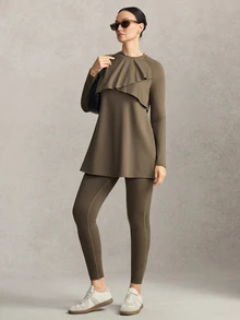 Activina Women's Modest Round Neck A-Line Loose Long T-Shirt + Fitted Cropped Pants Set, Middle Eastern Style, Autumn Sports - Olive Green - View 8